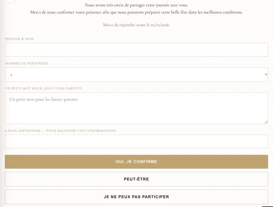 Vrai formulaire de confirmation de présence du mini-site Léa et Nathan