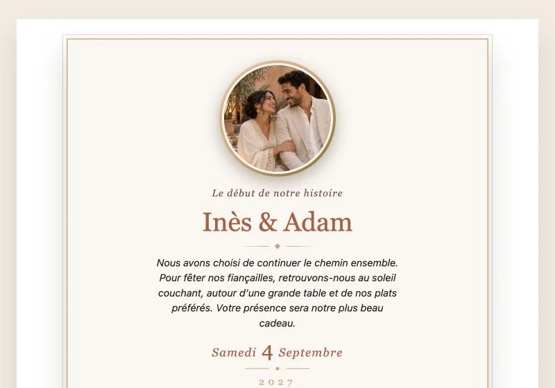 Faire-part de mariage aux tons terracotta et sable, ambiance solaire